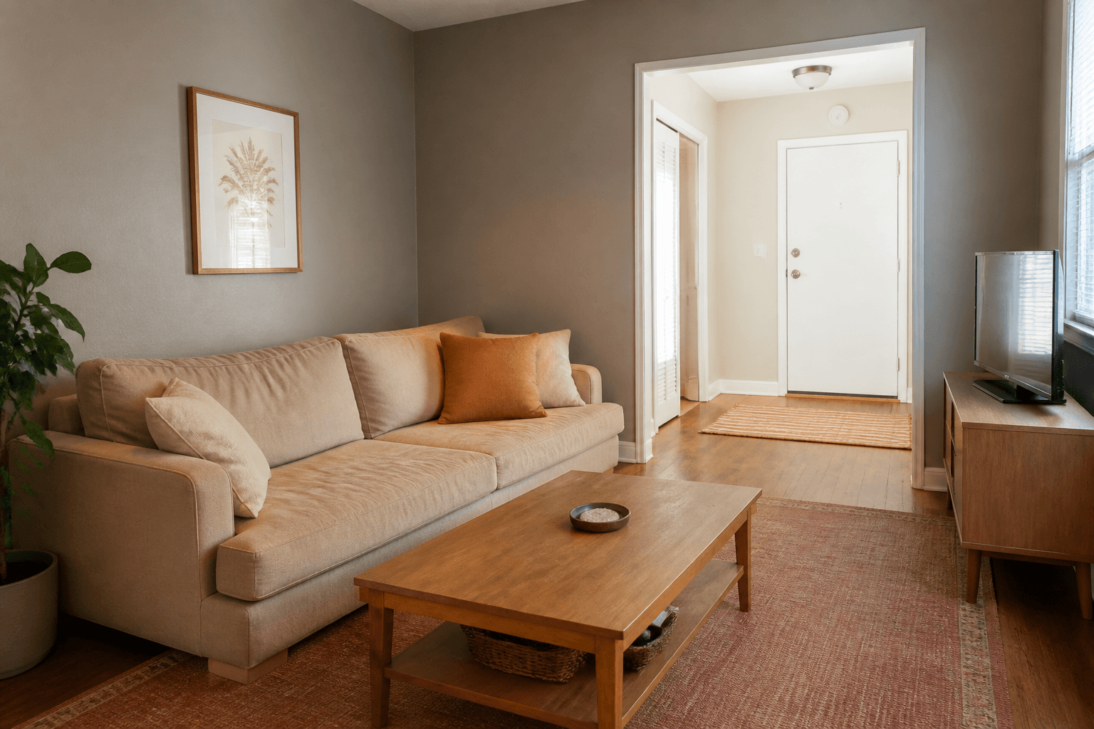 Tan sofa on a terracotta rug in a rental living room with the front door visible, Feng Shui sofa placement in daylight
