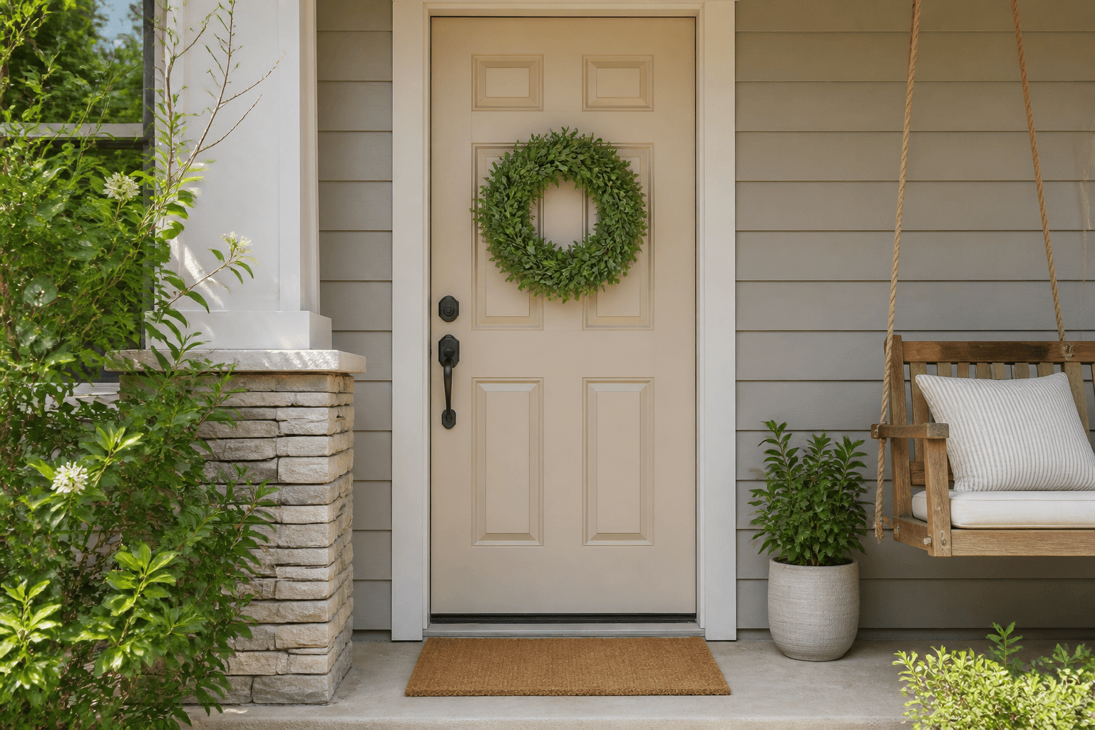 Beige six-panel door with a green wreath and a brown fiber mat fully on the stoop