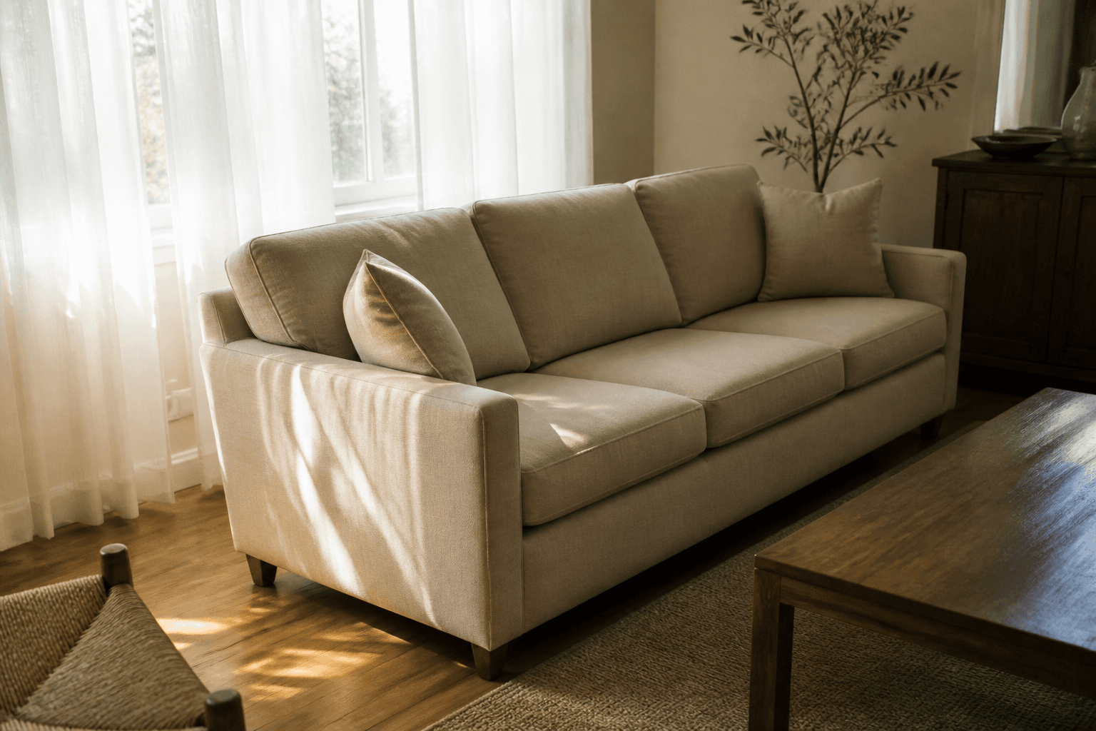 Morning sun through sheers on a beige sofa pulled off the glass