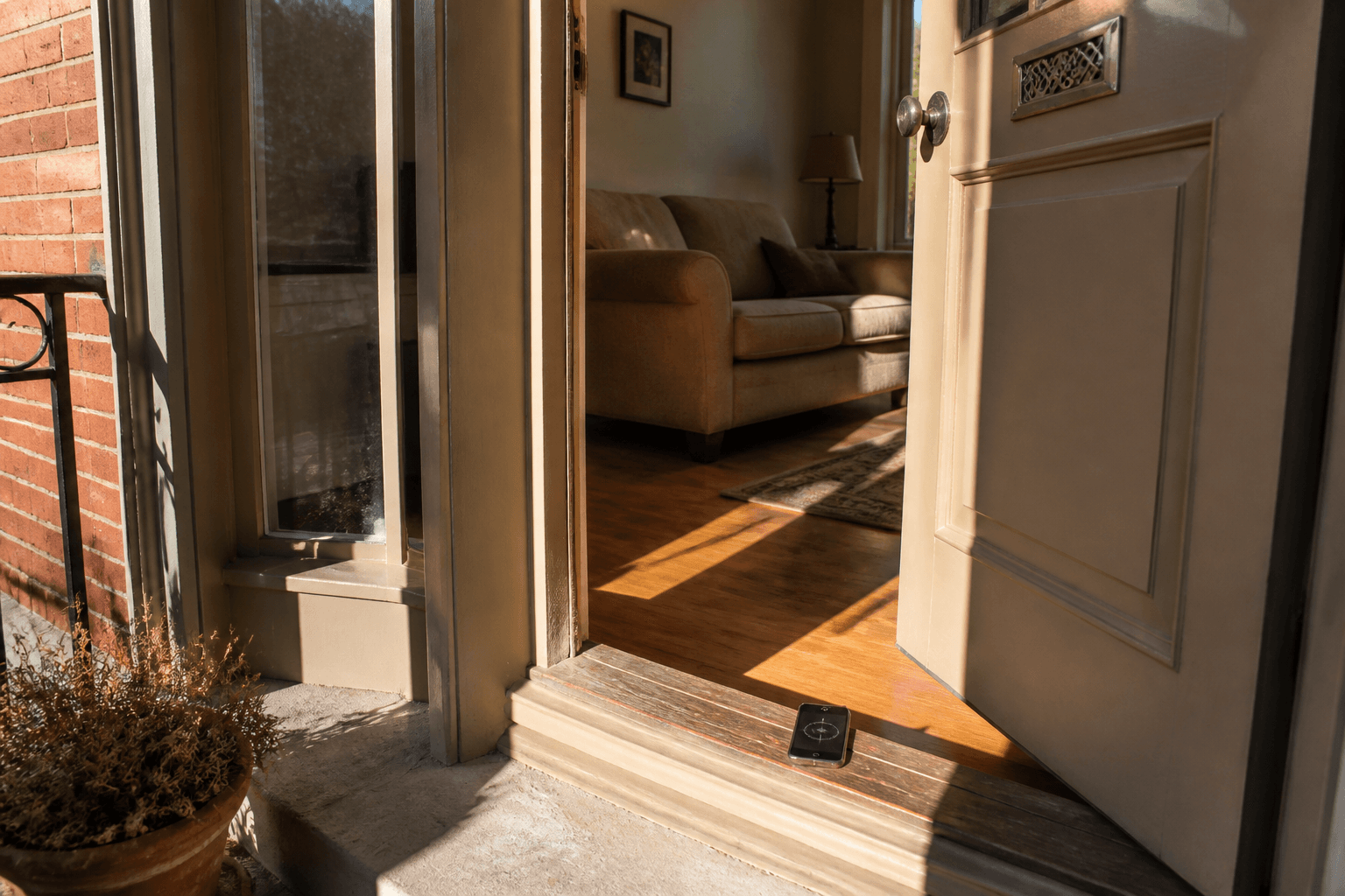 Open beige door, phone compass on the wood threshold, morning sun on a city stoop, feng shui southeast-facing house