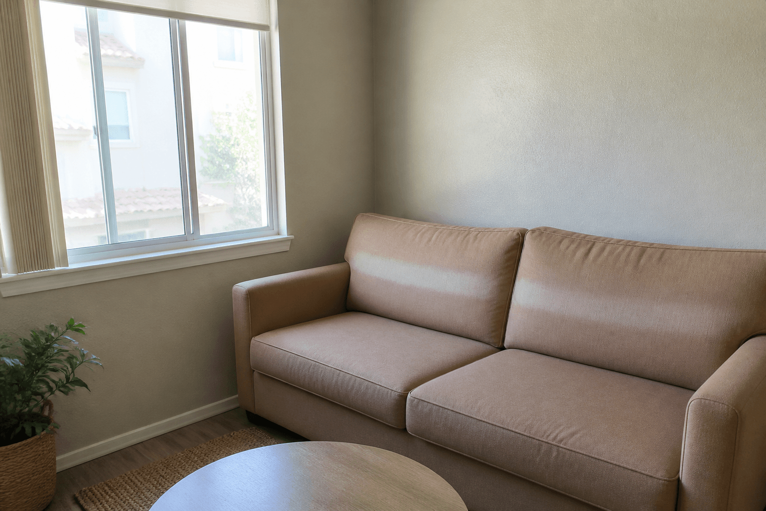 Beige sofa with a pale sun-fade stripe next to a bright window