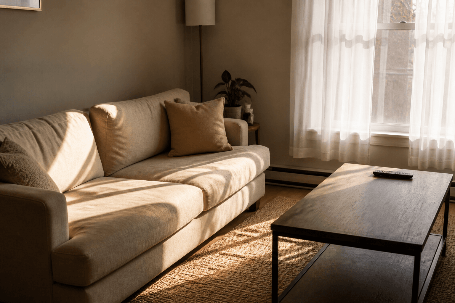 Beige sofa pulled off a window with white sheers in late sun