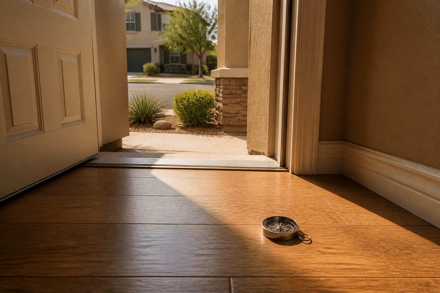 Open beige door, compass on the wood threshold in late sun, feng shui southwest-facing house