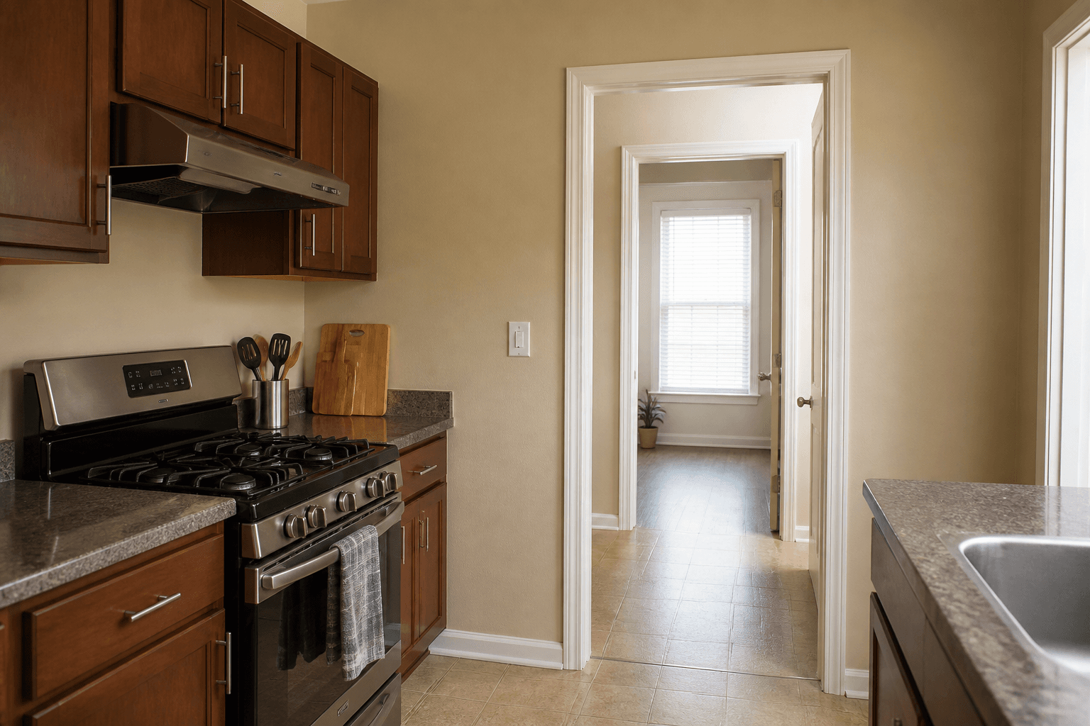 Stainless range on a beige wall, kitchen doorway visible ahead, wood board and utensils, feng shui stove facing door