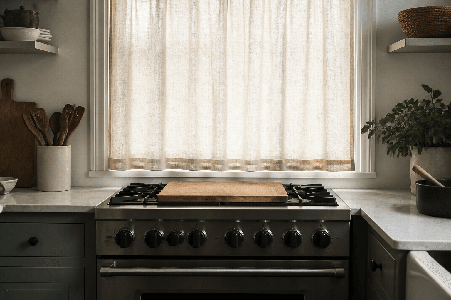 Person cooking at a range with a renter curtain closed across the window behind the stove
