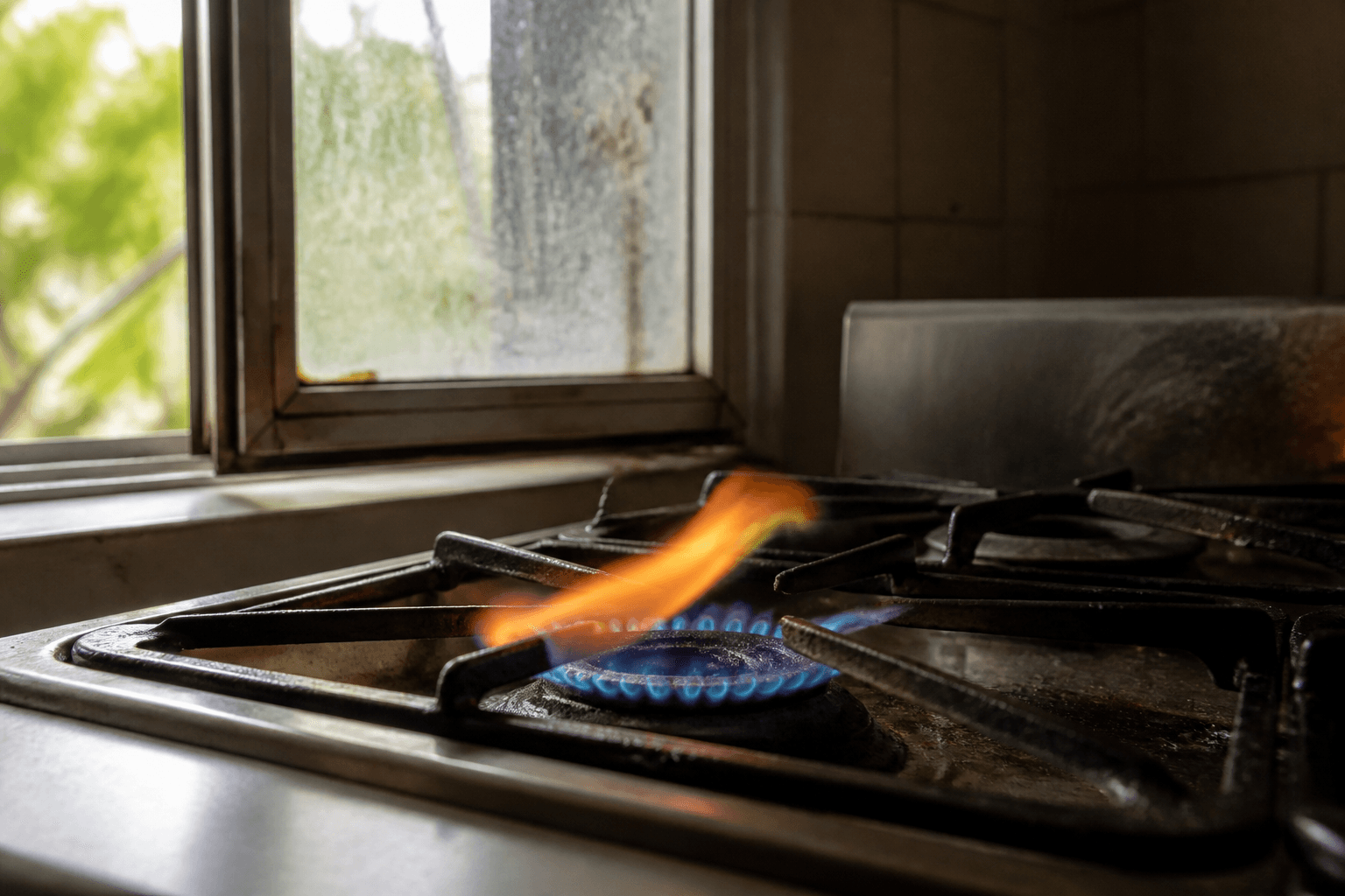 Gas burner flame pulled sideways near an open kitchen window behind the range