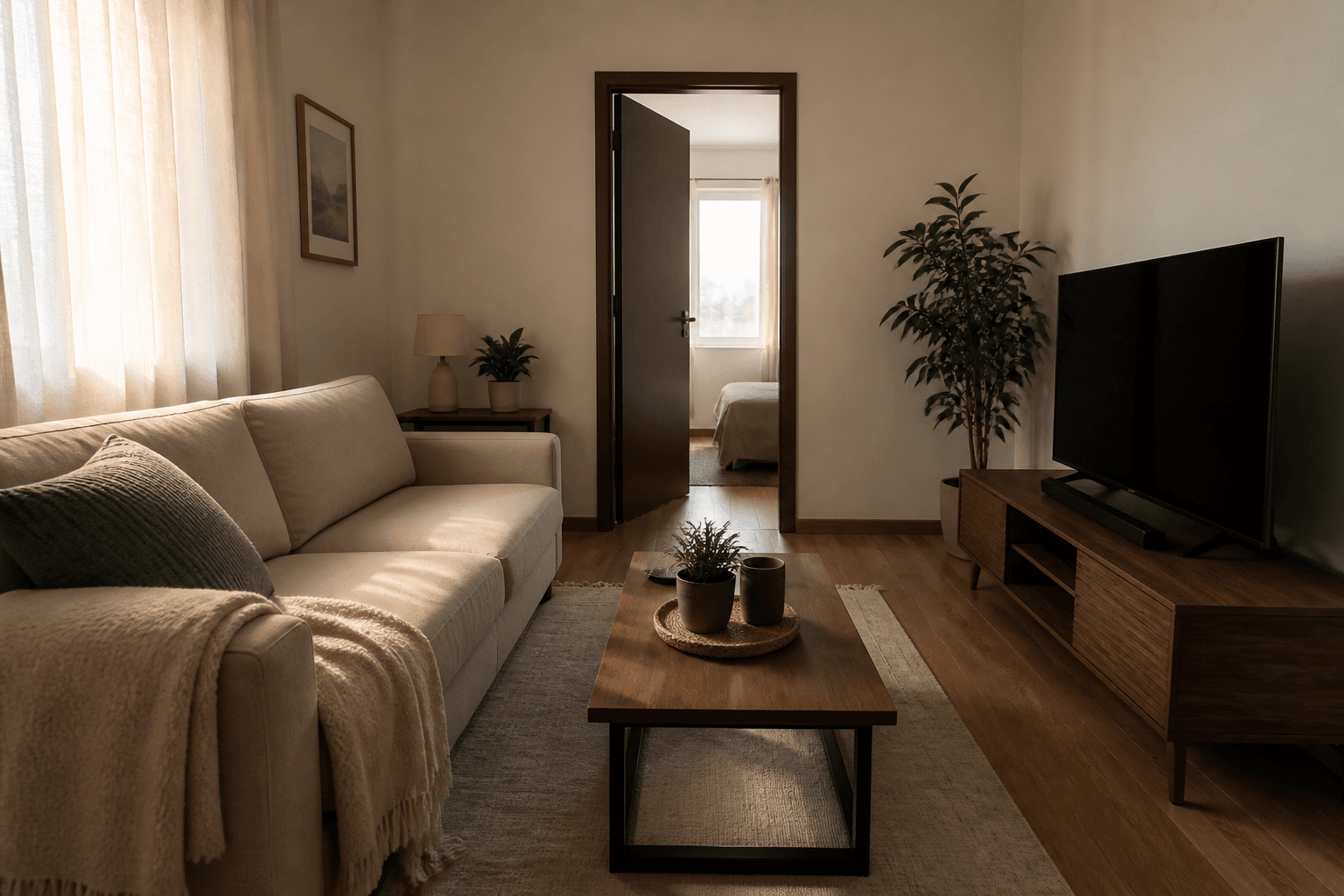 Feng Shui TV placement on a side-wall console while someone sits on a beige sofa in daylight