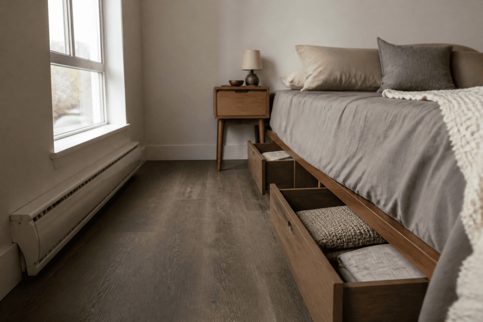 Open under-bed drawers with folded beige linens in a rental bedroom, feng shui under bed storage