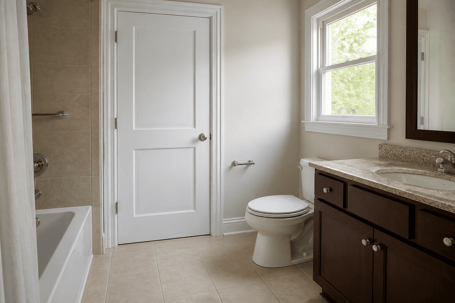 Toilet lid closed, bathroom door shut, tidy upstairs vanity