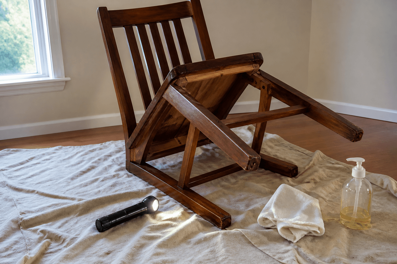 Wood chair on a drop cloth with a cloth and soap in a daylight rental, feng shui used furniture