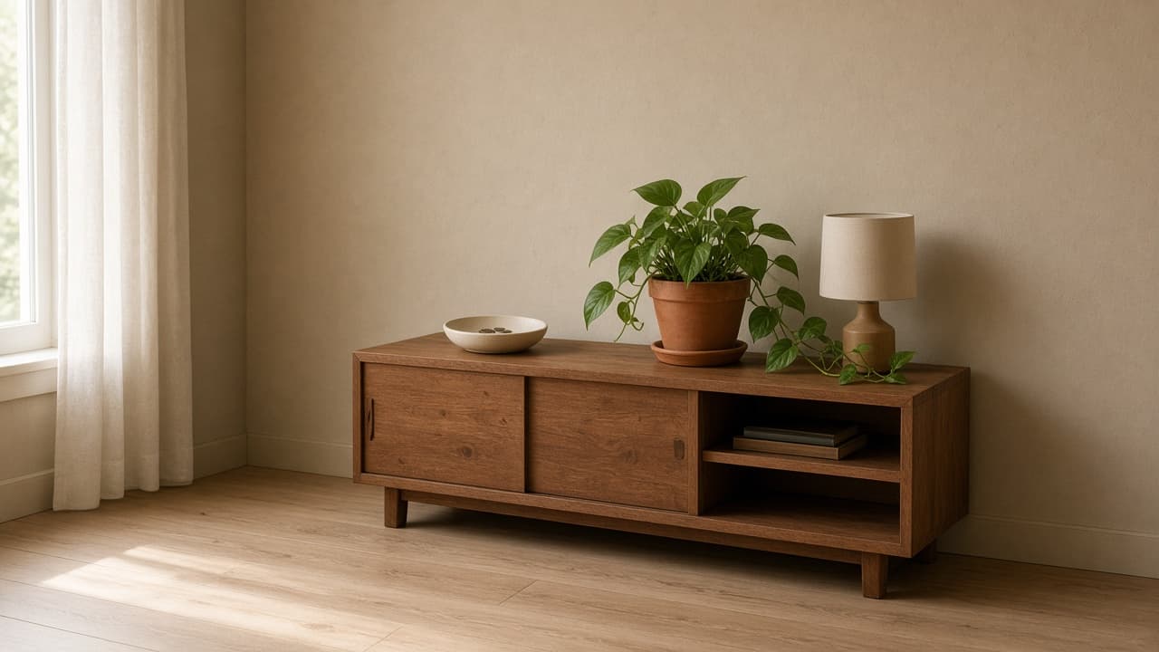 Ceramic dish with a few coins on a wood living-room cabinet beside a pothos, feng shui wealth bowl