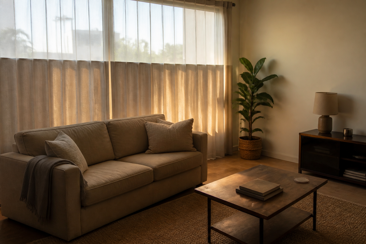 West-facing living room with heavier curtains on the lower window and sofa pulled slightly off the glass