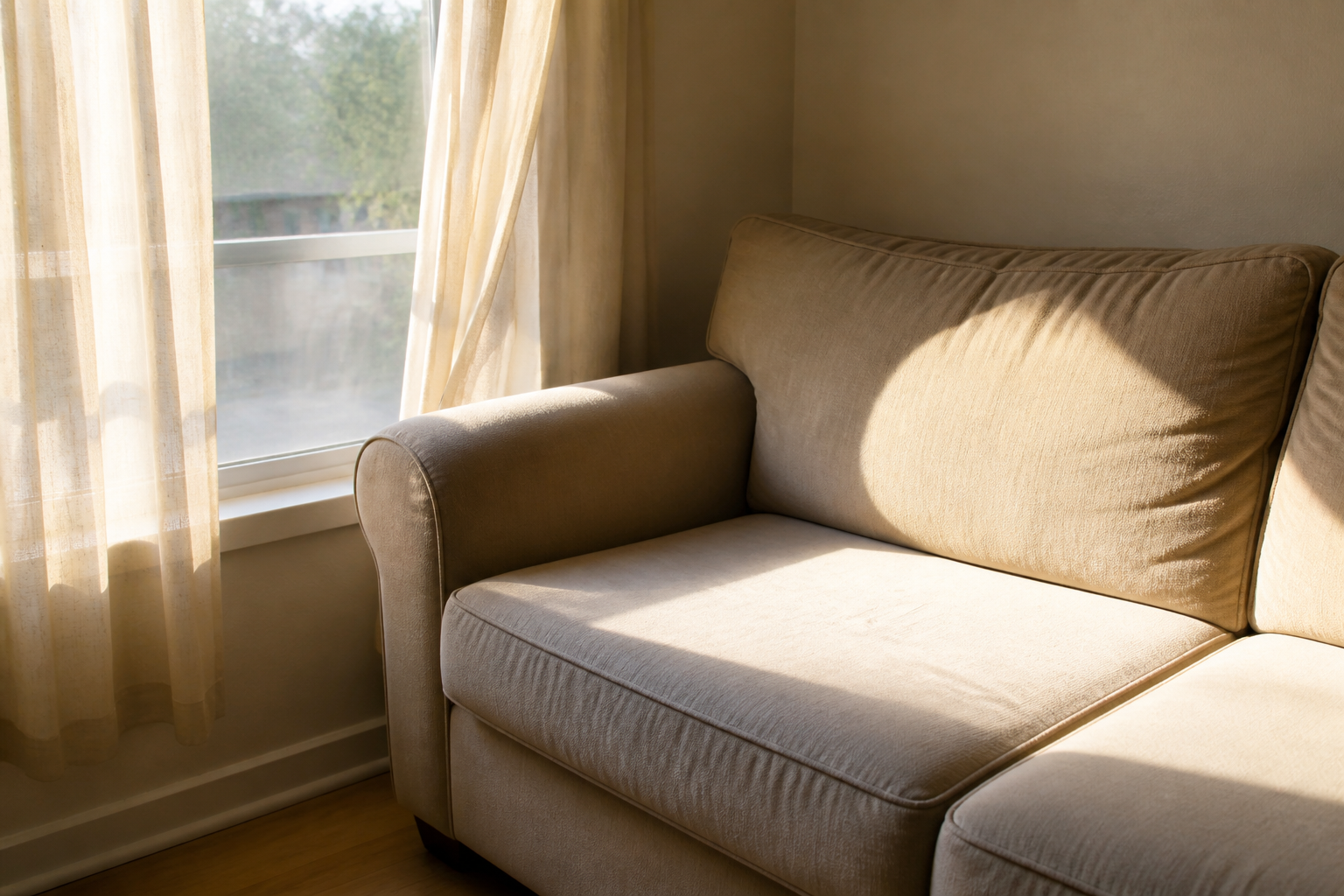 Beige sofa fabric bleached by late-afternoon sun from a west window with sheers half drawn