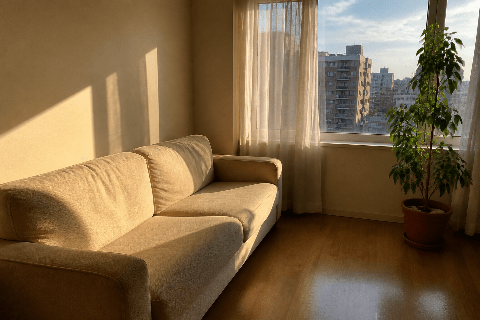West-facing rental living room with late sun on a beige sofa and sheers, city view, large plant, feng shui west-facing house