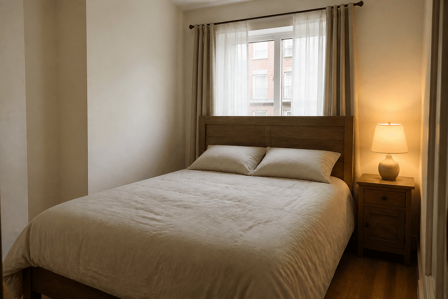 Cream rental bedroom, slatted wood headboard in front of a sash window, tan drapes, sheer curtains, nightstand lamp, feng shui window behind bed