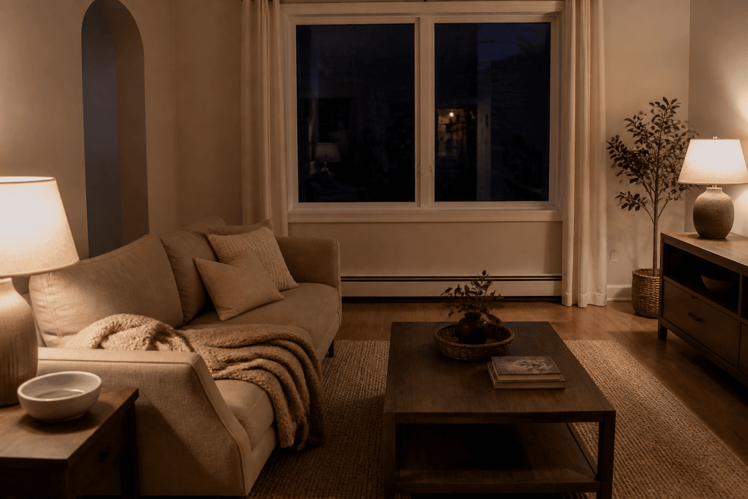 Rental living room at night with two warm lamps, dark window, beige sofa and throw, ceramic bowl on a side table, feng shui winter seasonal reset