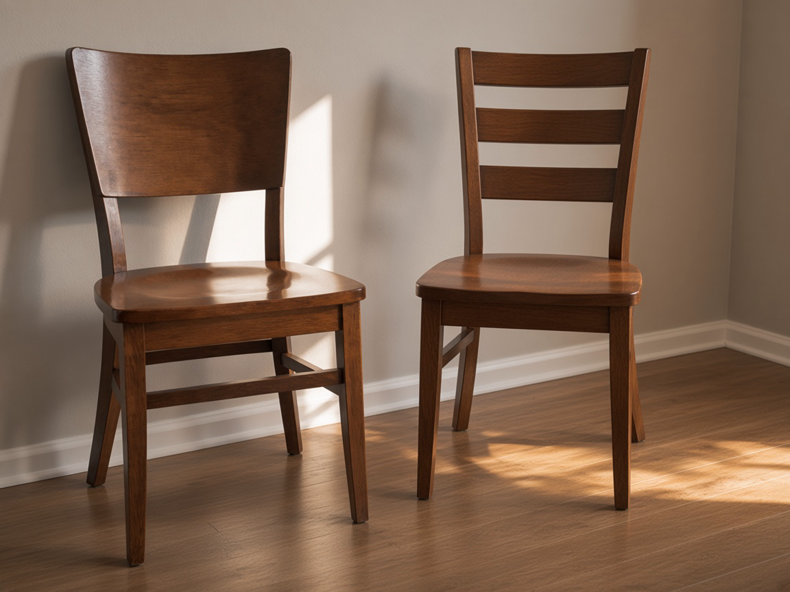 Solid closed-back wood chair next to an open ladder-back chair on a rental wood floor