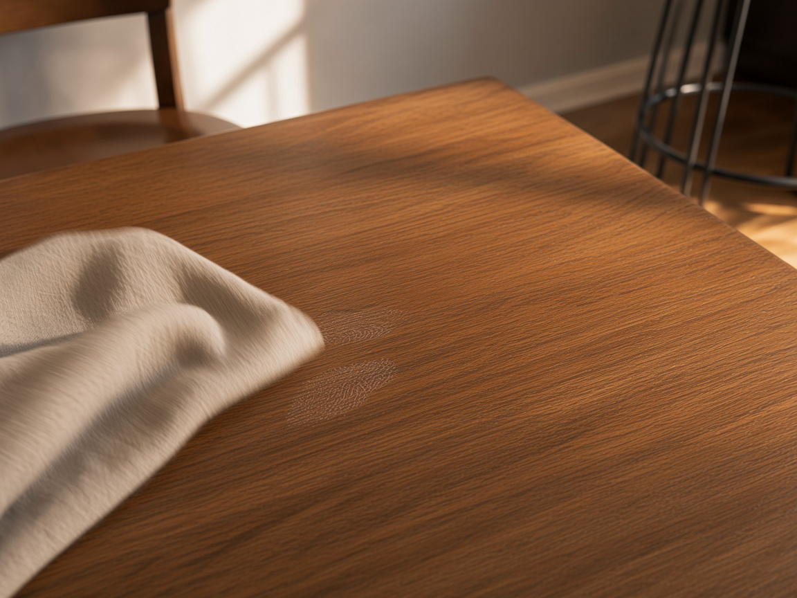 Beige cloth on a wood tabletop with two fingerprints on tight closed grain in window light