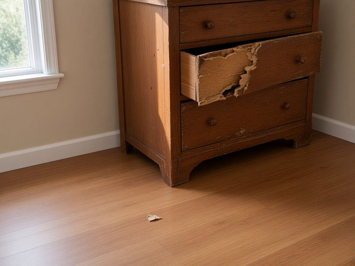 Wood dresser with a peeling drawer front and a flake of veneer on the floor