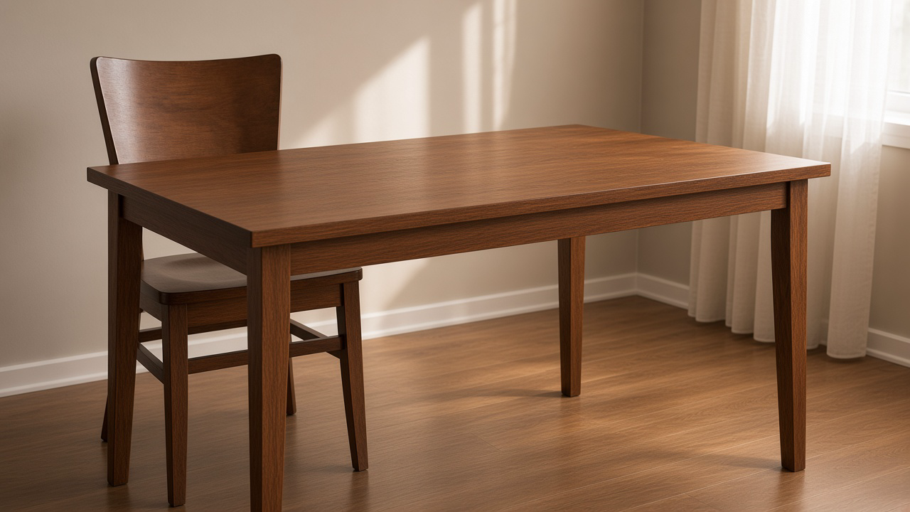 Oak dining table and closed-back wood chair in a rental with window sheers, feng shui wood furniture