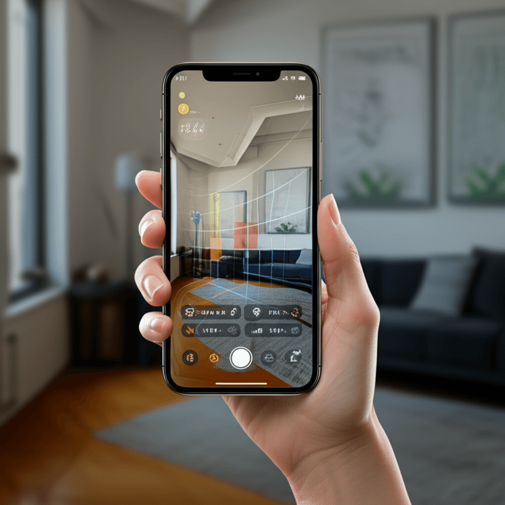 Phone photographing a rental living room for AI Feng Shui analysis