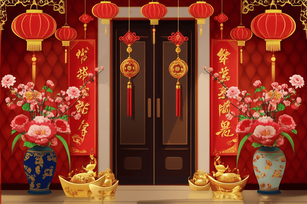 Front door with a simple red couplet and a swept mat, aisle clear
