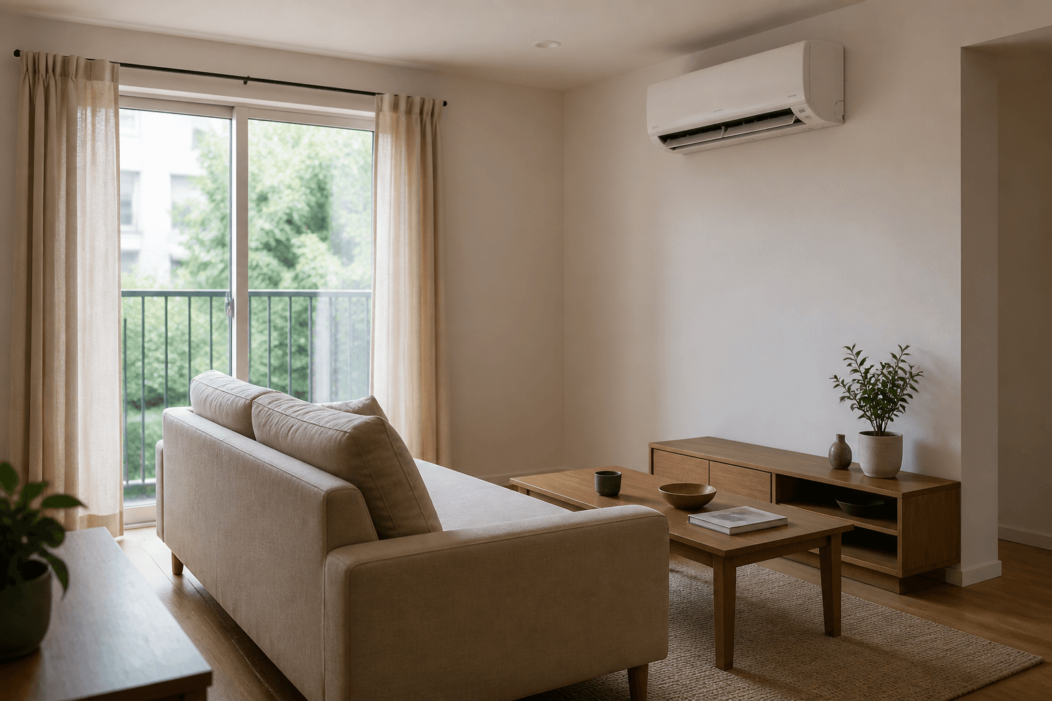 Sofa pulled off a wall AC with vanes angled away from the cushions