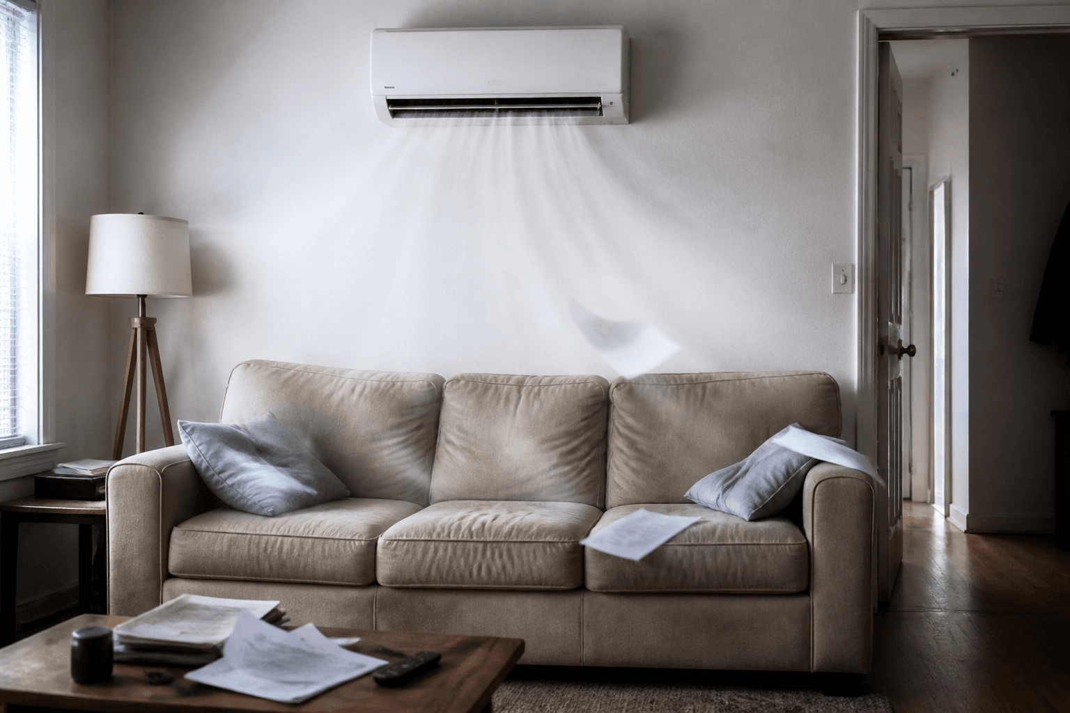 Beige sofa parked under a white wall AC with the blast hitting the seating