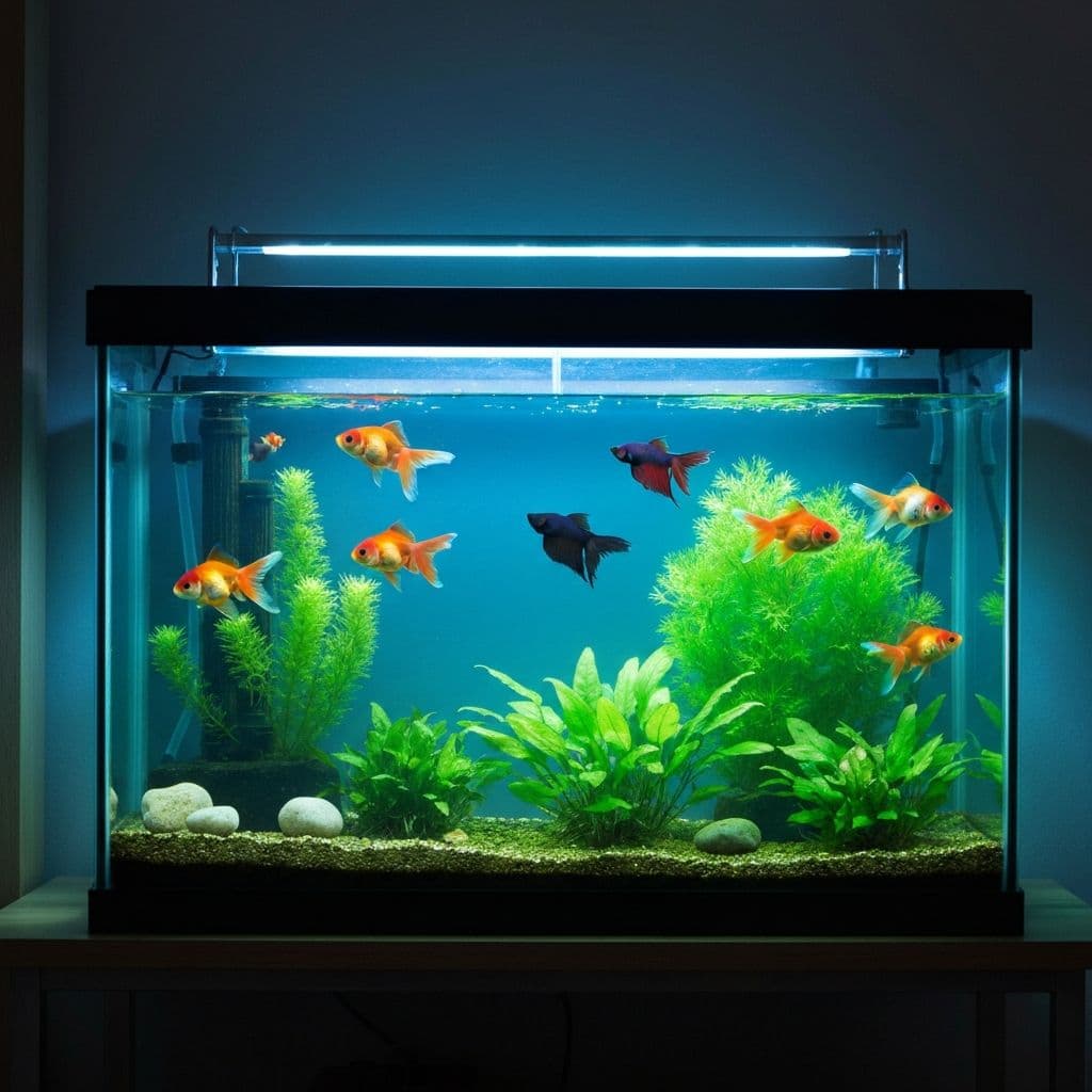 Living-room aquarium on a solid cabinet away from the bedroom door