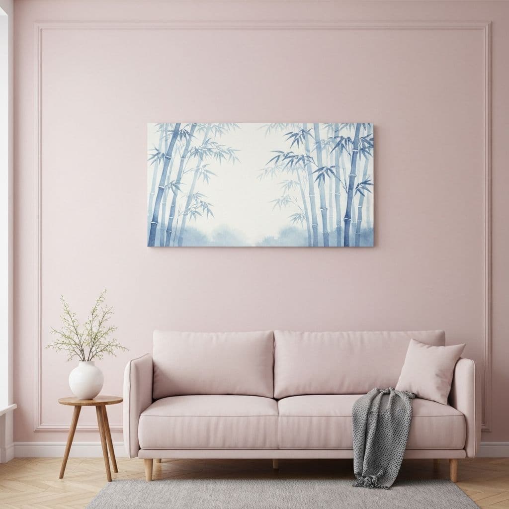 Landscape print centered above a sofa at seated eye level in a rental living room