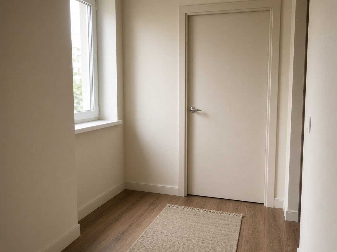 Closed cream hall door with a silver lever, a beige runner on wood-look floor, and a window on the left