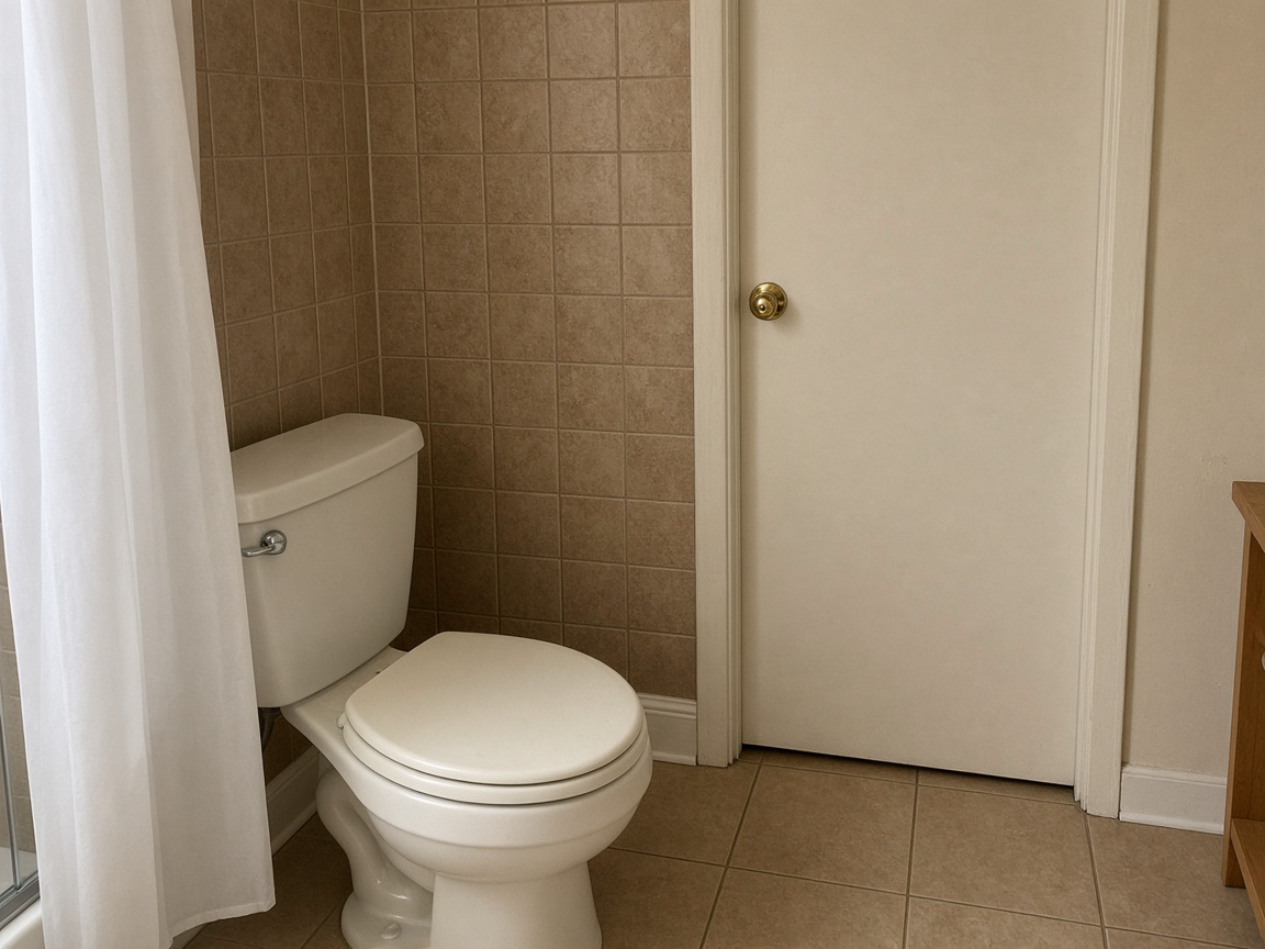 White toilet with the lid closed beside beige wall tile, a white shower curtain, and a shut cream door