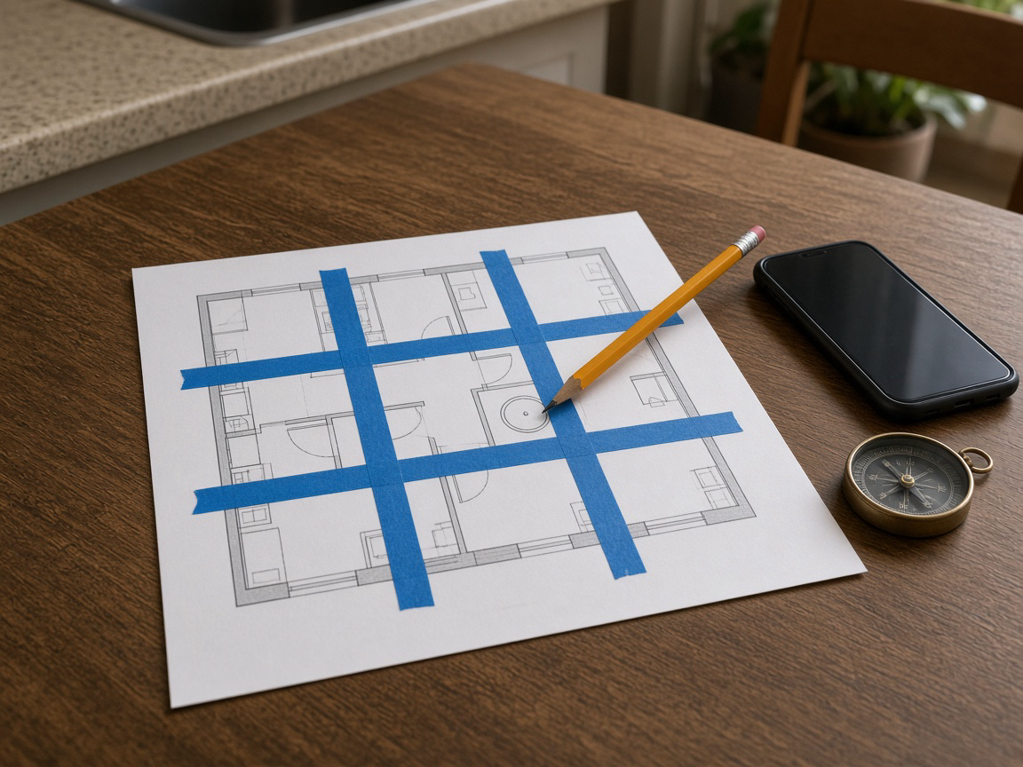 Printed floor plan on a wood table with blue tape in a 3x3, a pencil on the bath, a phone, and a brass compass