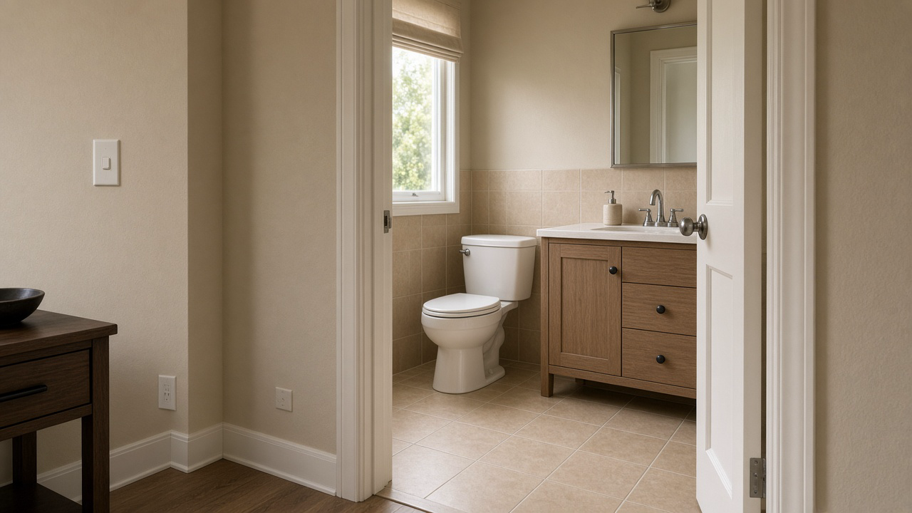 Hall view into a beige rental bath, lid closed, wood vanity, feng shui bagua bathroom in wealth corner