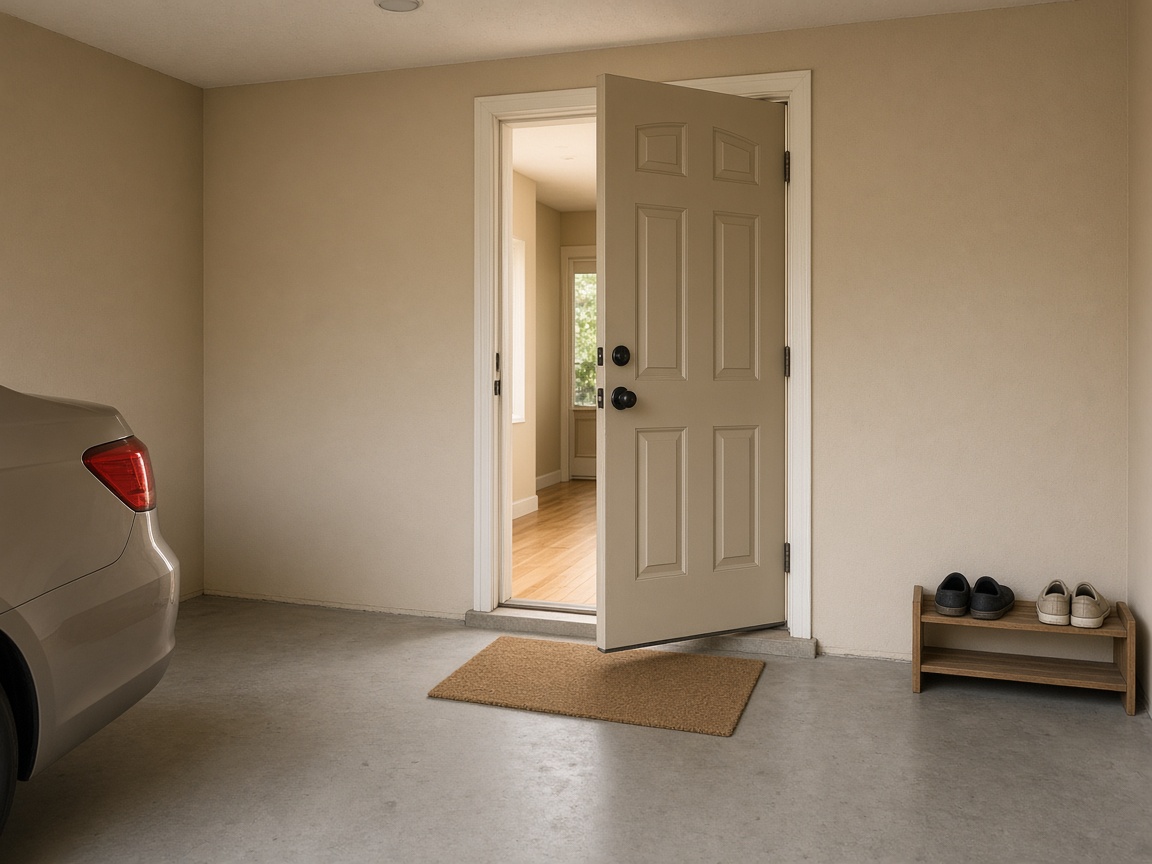 Open beige house door from the garage, fiber mat, shoe rack off the walk, sedan bumper at left