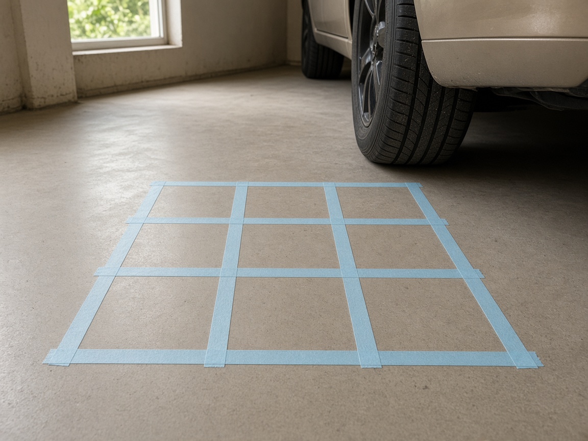Blue painter tape marking a 3x3 grid on sealed garage concrete beside a beige car tire