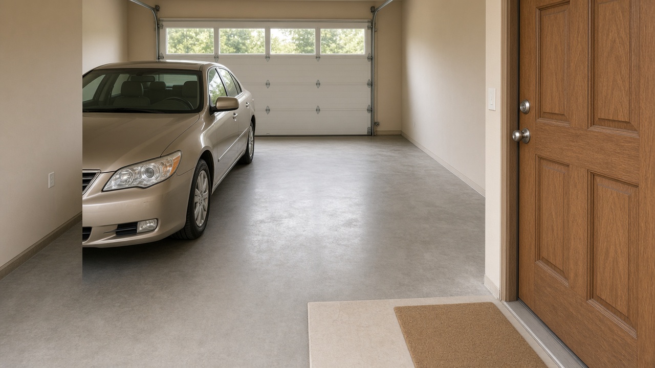 Attached garage from the house door, beige sedan and a clear walk, feng shui bagua for garage