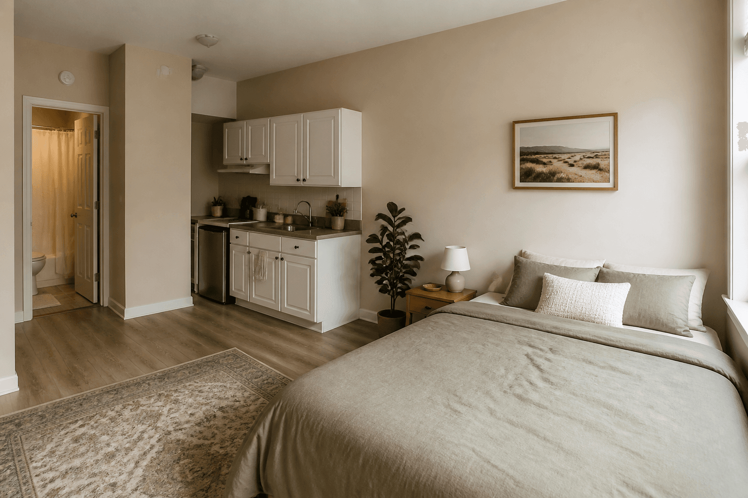 Studio bathroom door in a far corner with the bed and kitchenette still in view