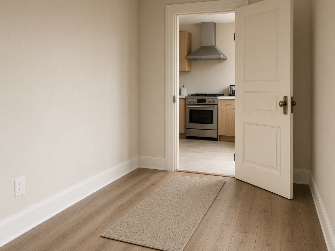 Beige hall runner and an open cream door showing a stainless range in the kitchen beyond