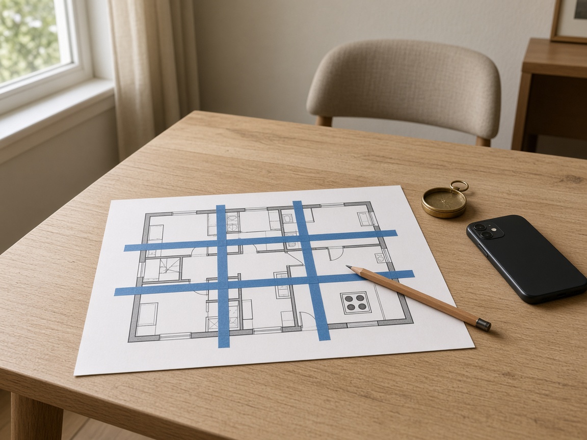 Printed floor plan on a wood table with blue tape in a 3x3, a pencil on the stove box, a phone, and a brass compass