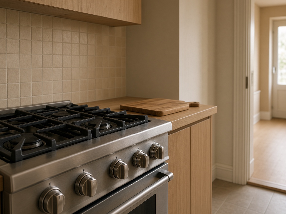Stainless range with a wood board, beige tile, and a hallway doorway in a glance from the cook