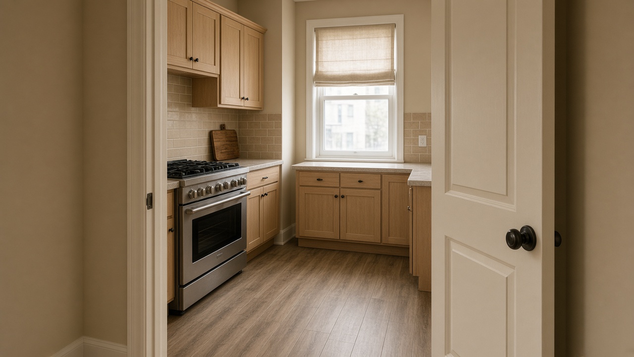 Hall view into a beige rental kitchen, stainless range on the left, feng shui bagua kitchen location