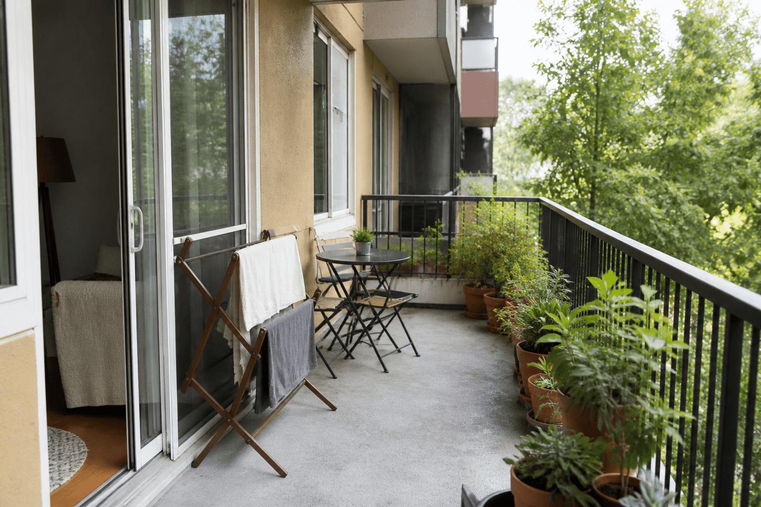 Narrow apartment balcony with rail plants, a side drying rack, and a small table, Feng Shui balcony in daylight