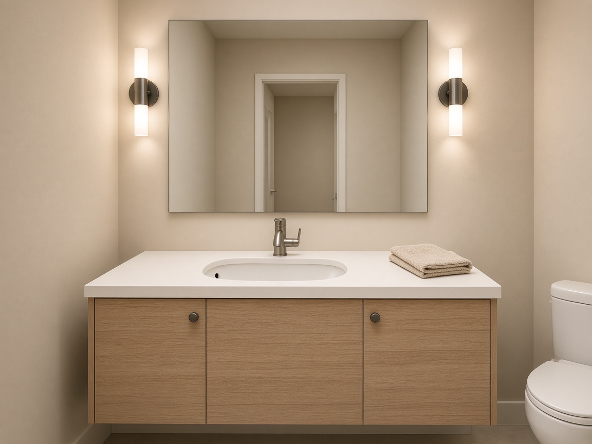 Oak vanity with two warm wall sconces beside a rectangular mirror and a folded beige towel