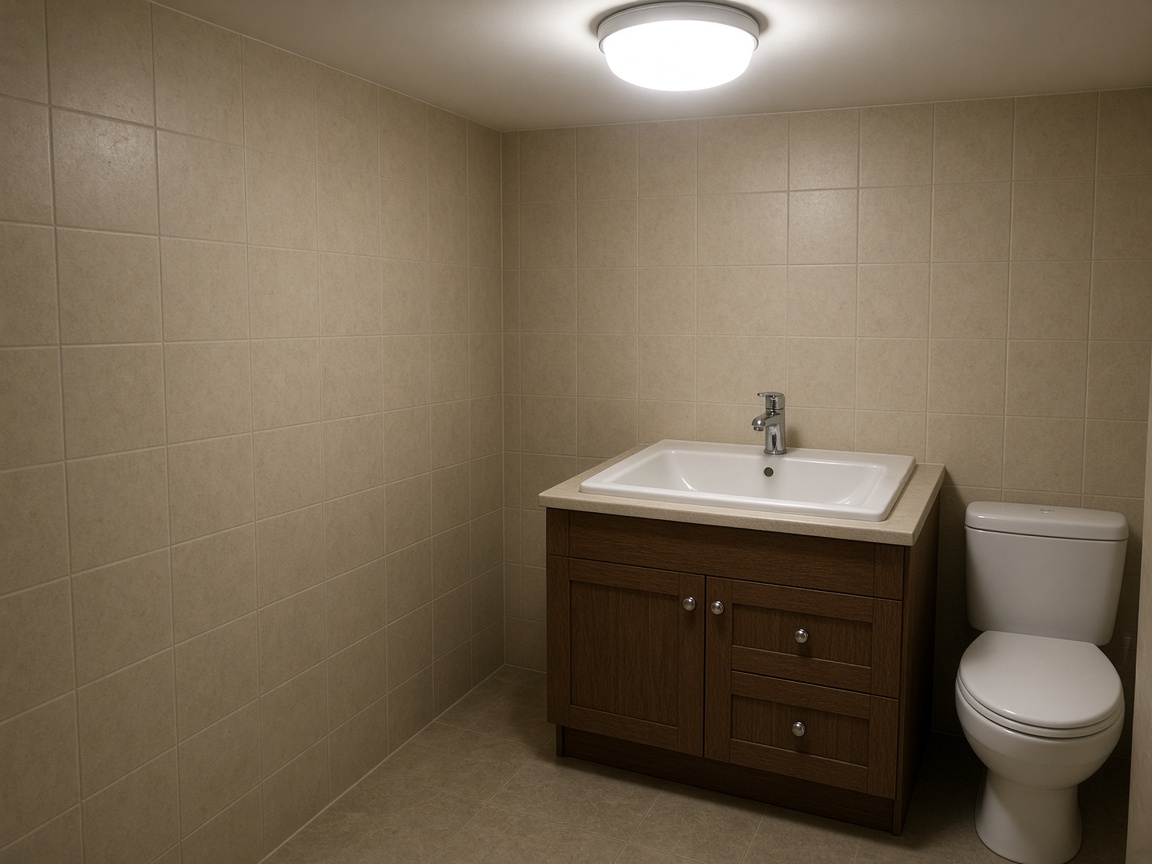 Beige tiled bath lit only by a bright ceiling disk, wood vanity sitting in remaining shadow