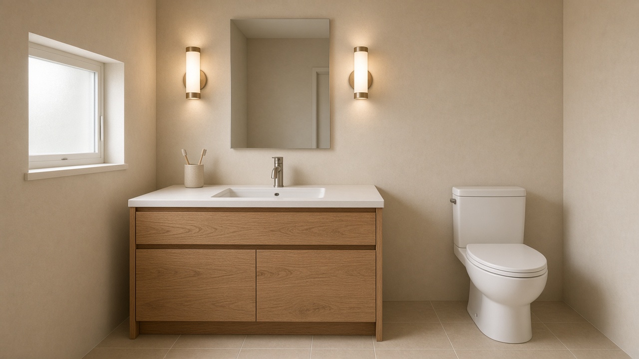 Beige rental bathroom with oak vanity, two lit wall sconces at the mirror, closed toilet lid, feng shui bathroom lighting