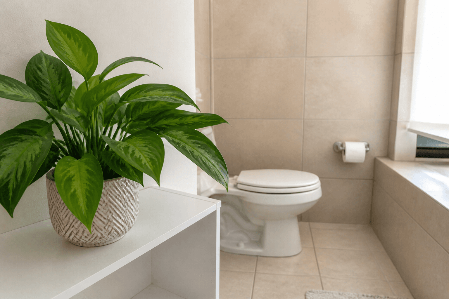 Leafy pot on a bathroom side shelf, toilet lid closed in the background