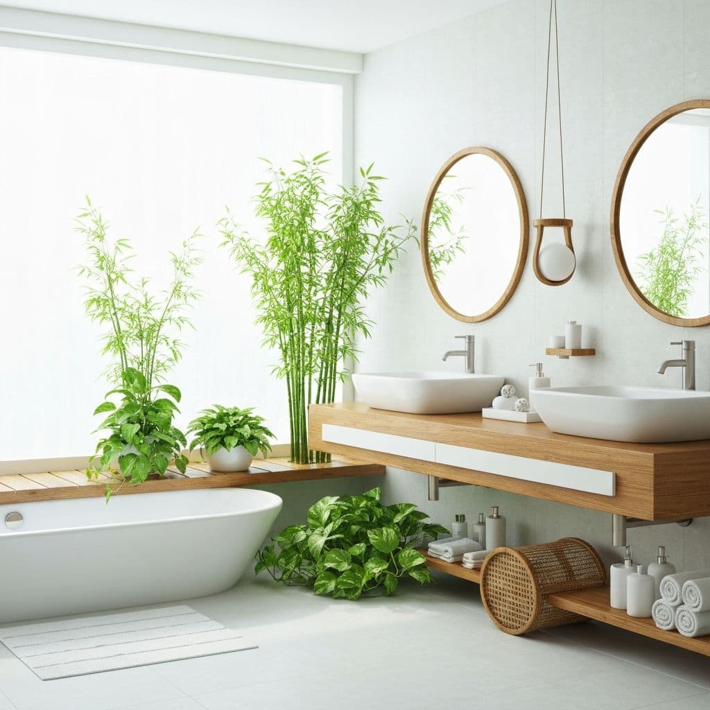 Serene Feng Shui bathroom with plants, earth tones, and balanced energy - clean, organized, and harmonious