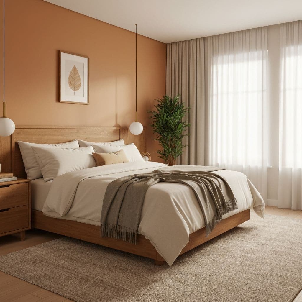 Rental bedroom with warm ivory walls and dusty-rose textiles, Feng Shui bedroom colors in daylight