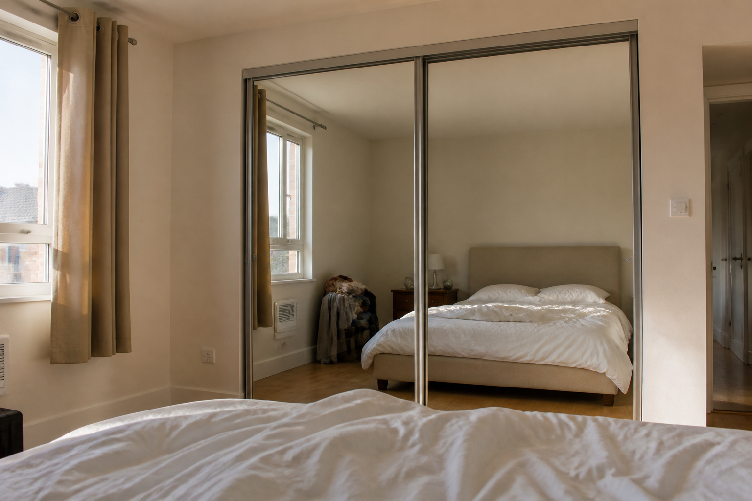 Mirrored sliding closet doors reflecting a beige bed and rumpled white duvet from the foot of the mattress